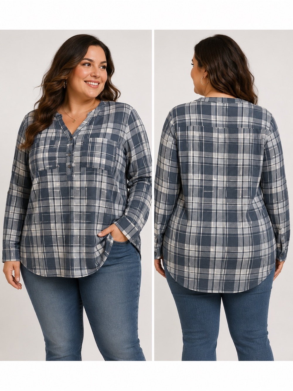 mySTYLE Plaid Roll-Tab Sleeve Blouse | Women’s Plus Size 2X